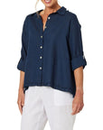 GORDON SMITH - Frill Hem Linen Shirt in Navy