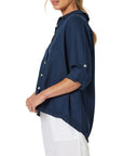 GORDON SMITH - Frill Hem Linen Shirt in Navy