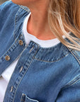 CERES- Collarless Denim Jacket.  Indigo Blue