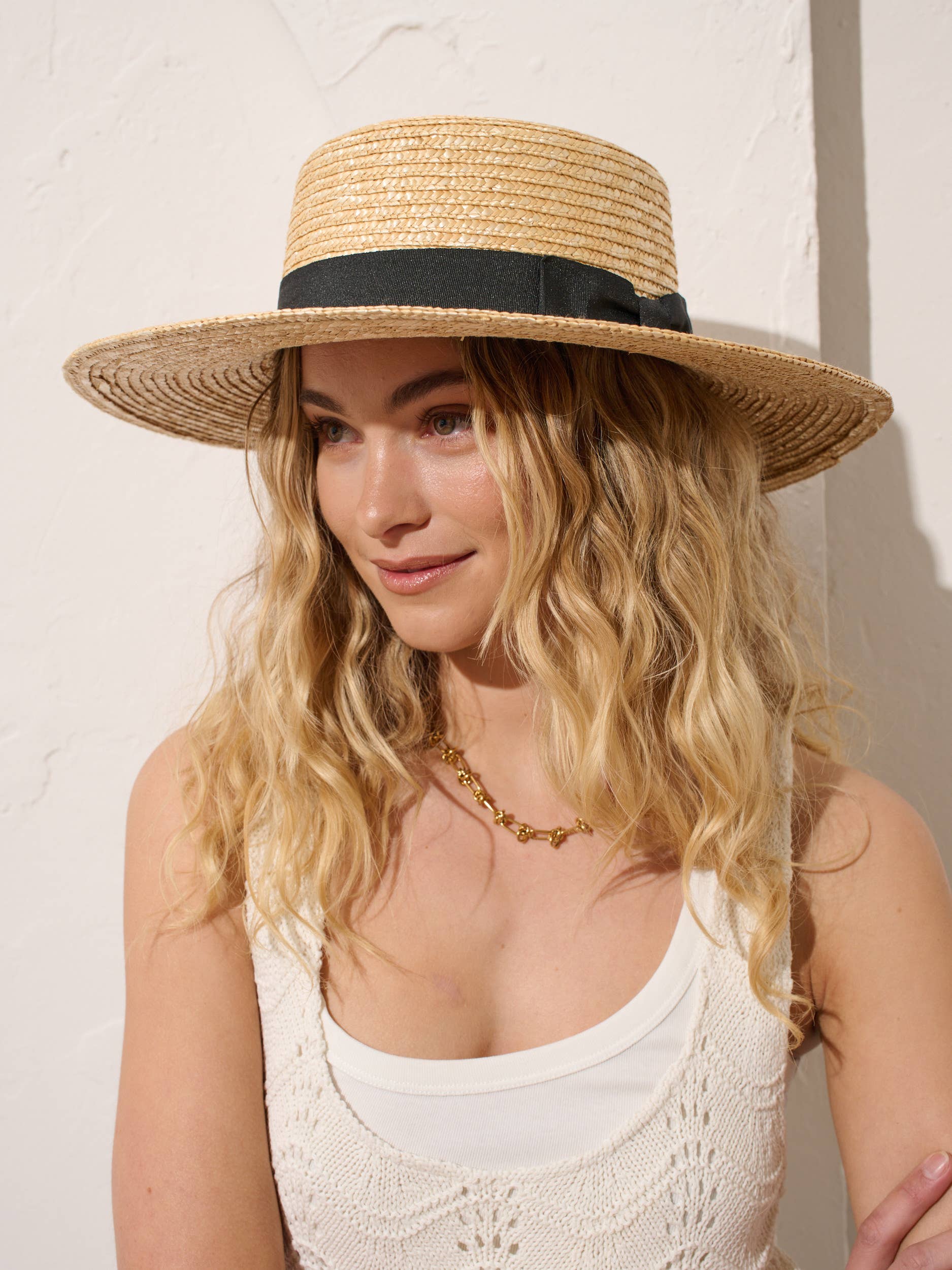 Black Ribbon Trim Straw Boater Hat