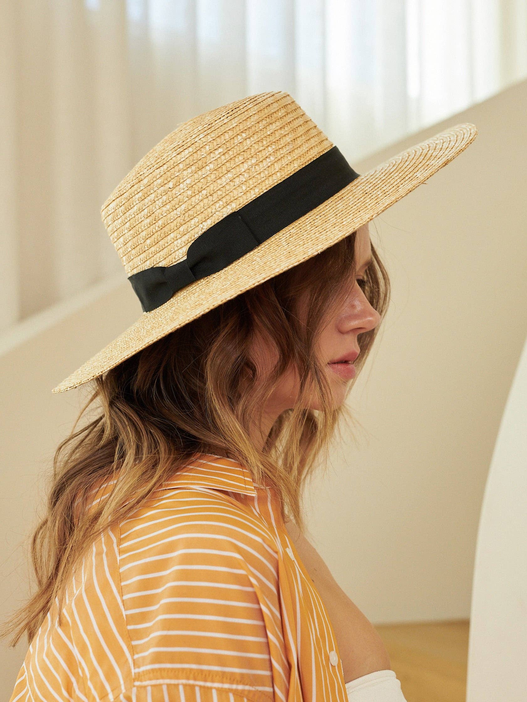 Black Ribbon Trim Straw Boater Hat