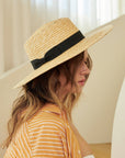 Black Ribbon Trim Straw Boater Hat