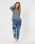 THREADZ- Stripe Long Sleeve Top. Navy/White