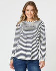 THREADZ- Riviera Long Sleeve Stripe Print Top - Navy/White