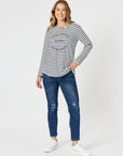 THREADZ- Riviera Long Sleeve Stripe Print Top - Navy/White