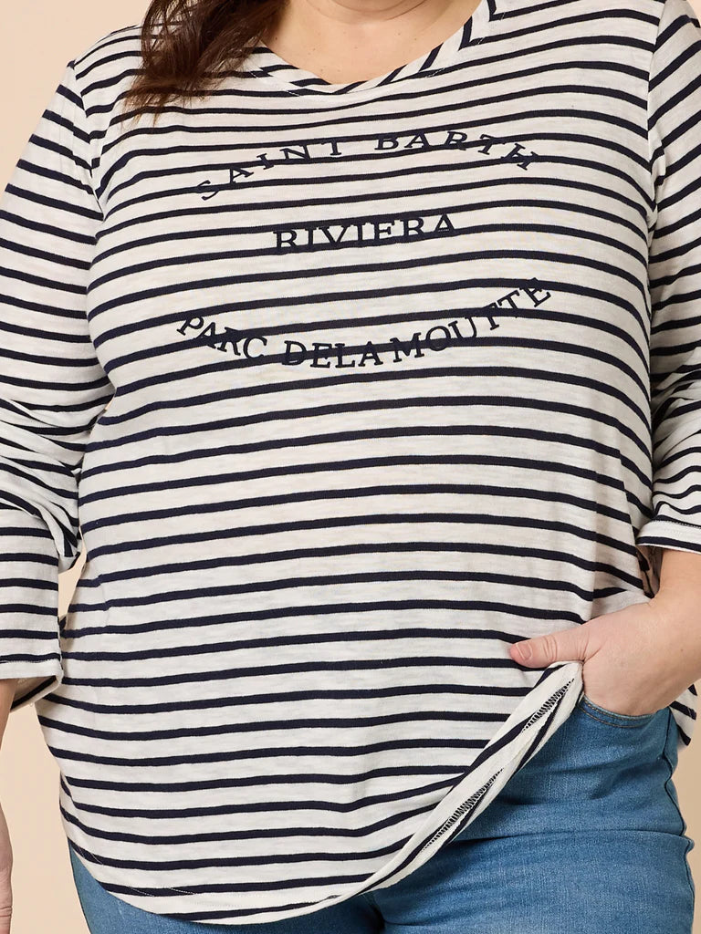 THREADZ-  Riviera Long Sleeve Stripe Print Top - Navy/White