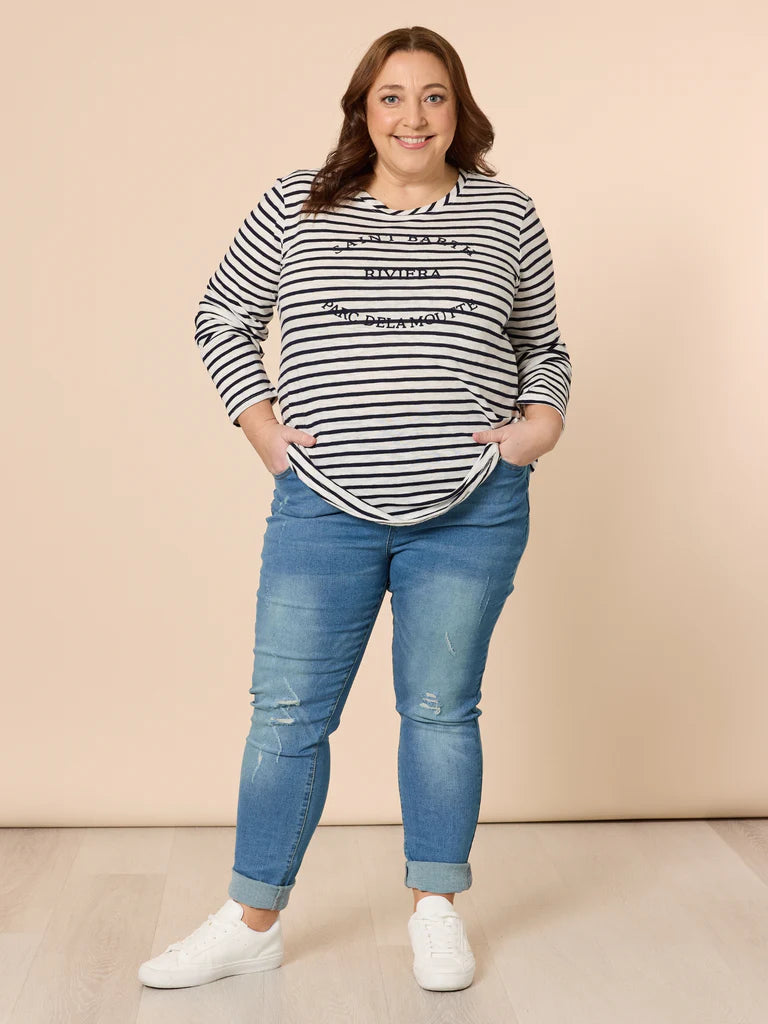 THREADZ-  Riviera Long Sleeve Stripe Print Top - Navy/White