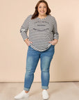 THREADZ- Riviera Long Sleeve Stripe Print Top - Navy/White