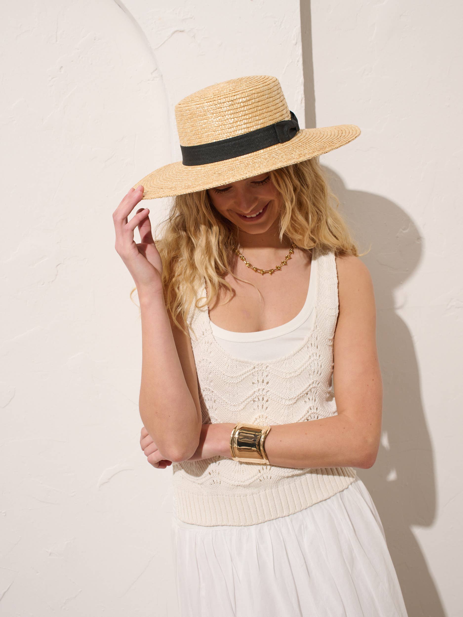 Black Ribbon Trim Straw Boater Hat