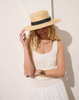 Black Ribbon Trim Straw Boater Hat