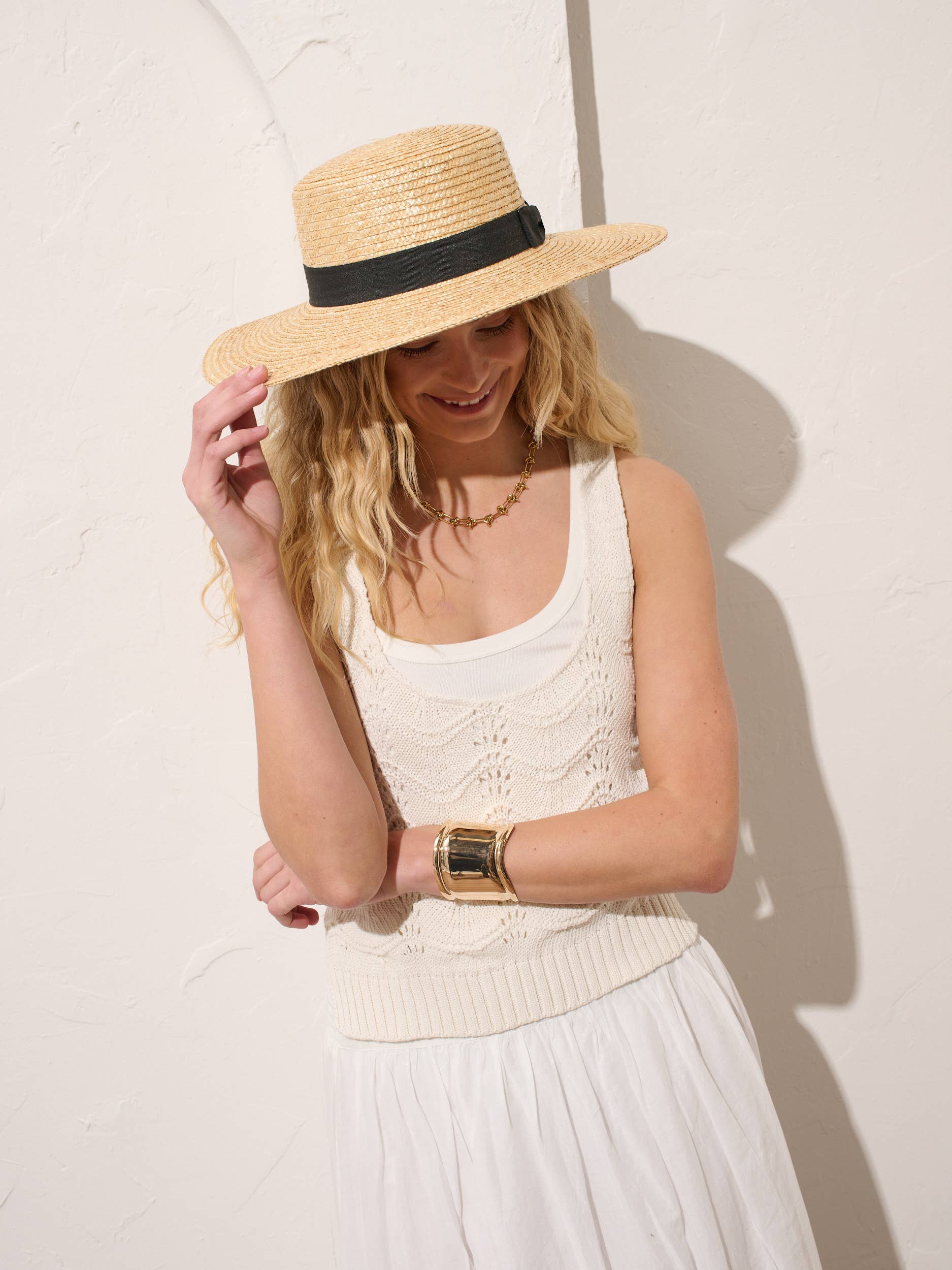Black Ribbon Trim Straw Boater Hat
