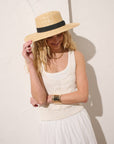 Black Ribbon Trim Straw Boater Hat