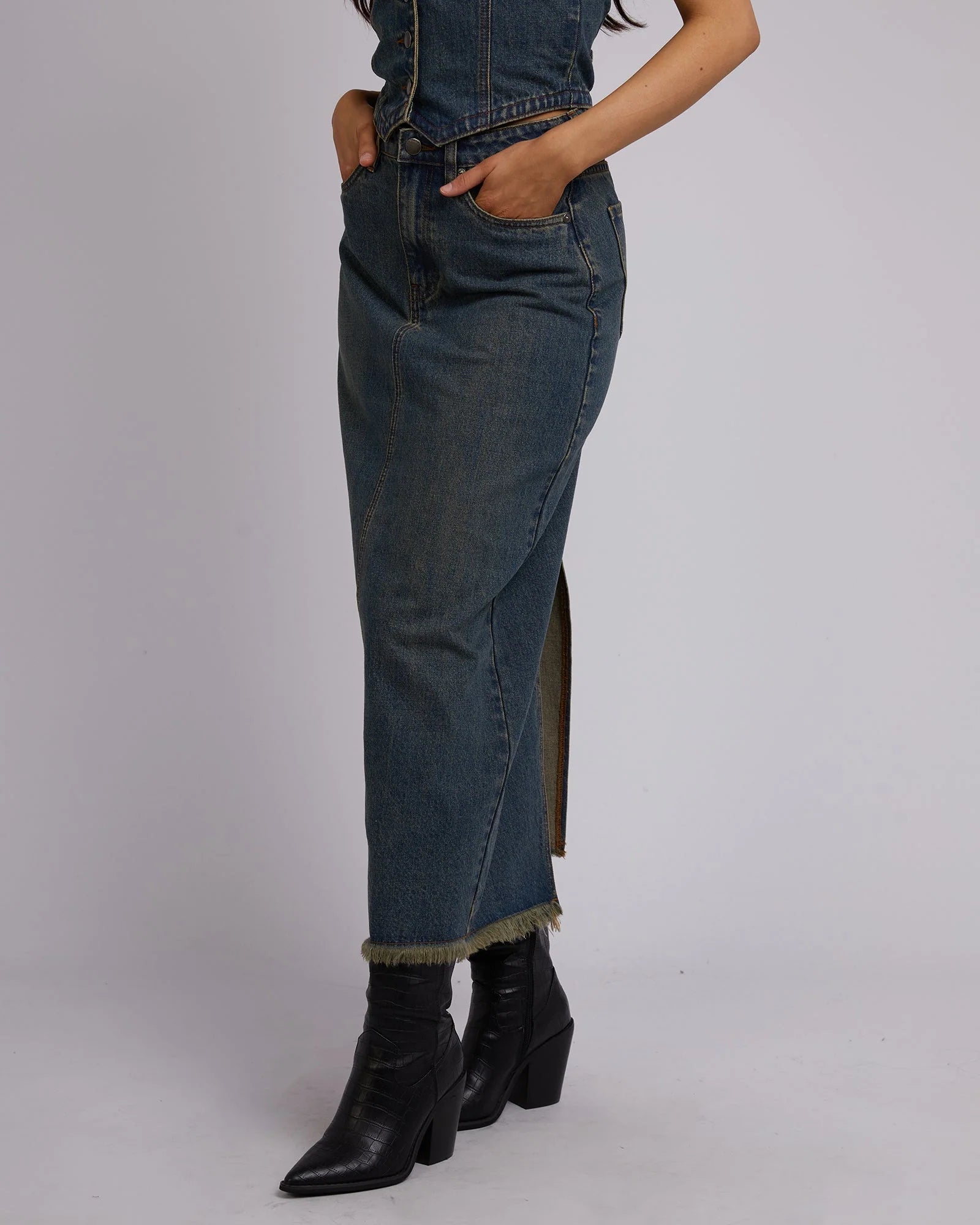 ALL ABOUT EVE- Ray Maxi Skirt.  Dirty Denim