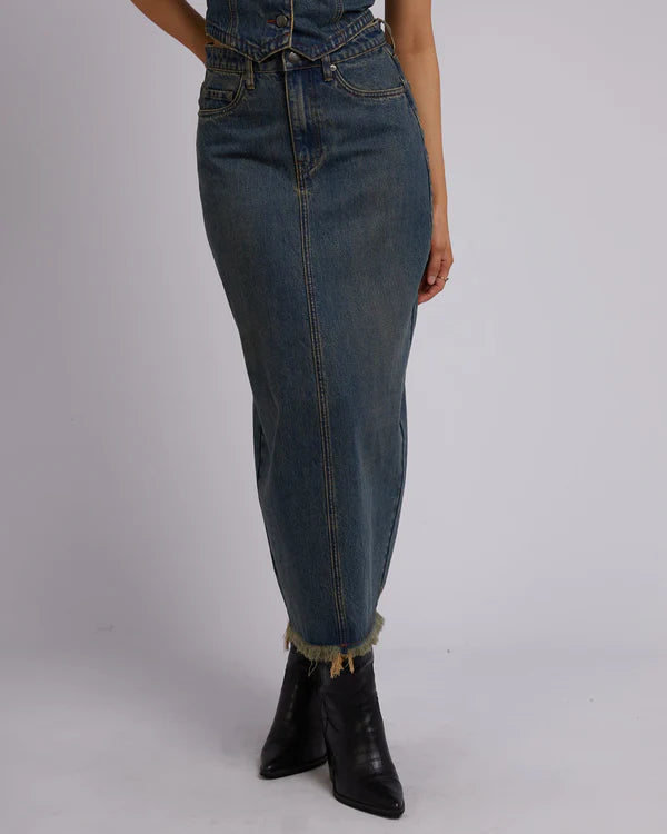 ALL ABOUT EVE- Ray Maxi Skirt.  Dirty Denim