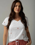 CLOTH PAPER SCISSORS -Cross Embroidered V Neck Tee.  White/Terracotta