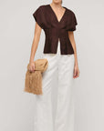 STAPLE THE LABEL -  Estelle Blouse.  Chocolate Brown Linen Pleated V Neck Blouse.