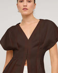 STAPLE THE LABEL -  Estelle Blouse.  Chocolate Brown Linen Pleated V Neck Blouse.
