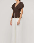 STAPLE THE LABEL -  Estelle Blouse.  Chocolate Brown Linen Pleated V Neck Blouse.