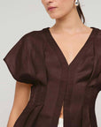 STAPLE THE LABEL -  Estelle Blouse.  Chocolate Brown Linen Pleated V Neck Blouse.