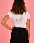 GO GIRL-  Peasant Top With Rouched Hem.  White