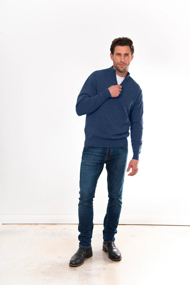 ANSETT GOLD-  Cashmere merino Slim Fitted High Neck Half Zip. INDIGO