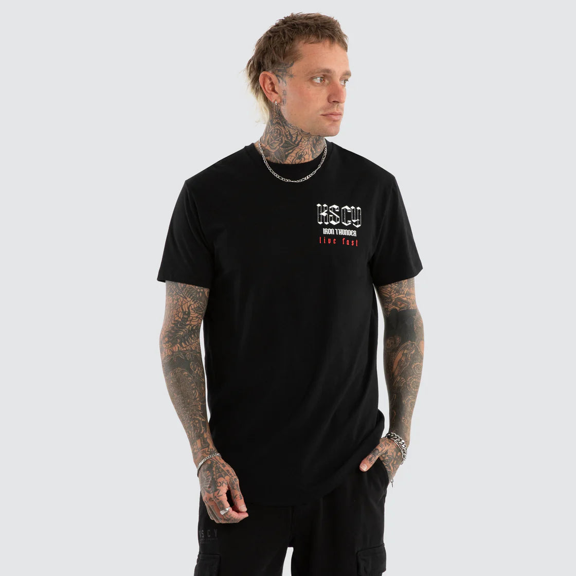 NENA AND PASADENA- Iron Thunder Dual Curved Tee.  Jet Black