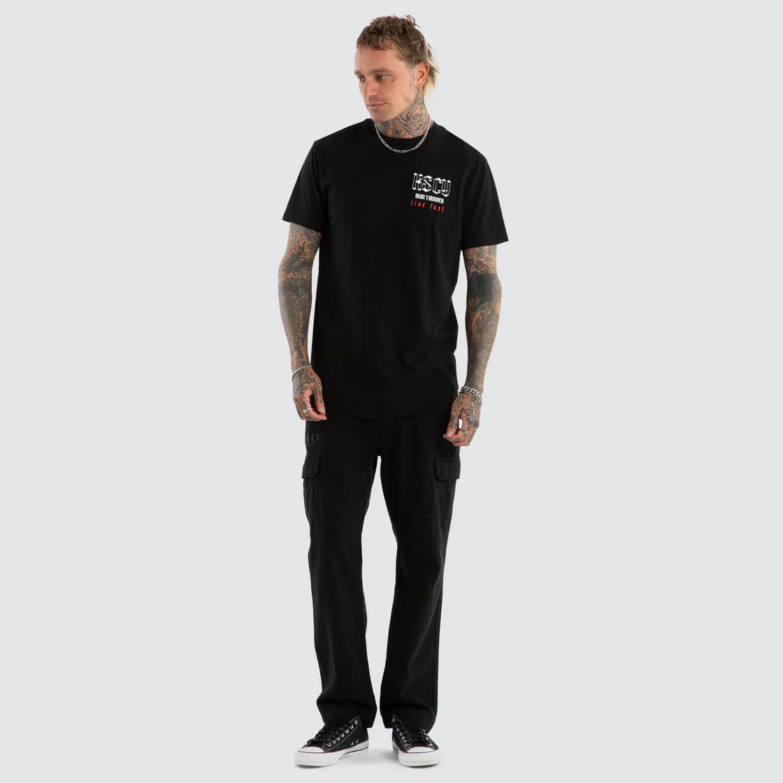 NENA AND PASADENA- Iron Thunder Dual Curved Tee.  Jet Black