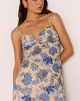 MINK PINK - Linen Blend Blue Floral Bias Midi Dress
