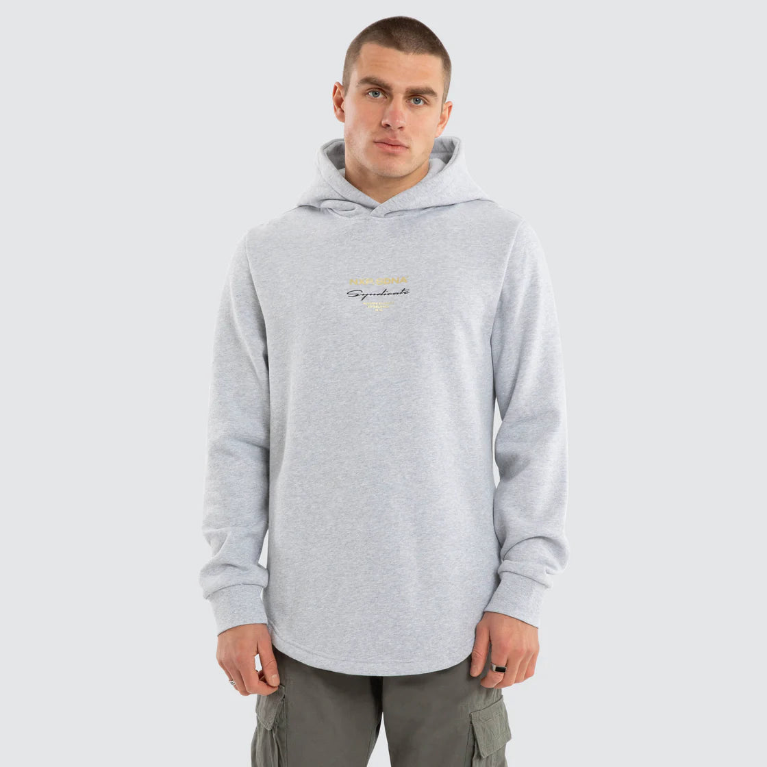 NENA AND PASADENA- Gold Line Dual Curved Hoodie. Grey Marle