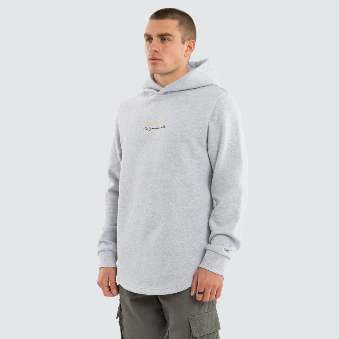 NENA AND PASADENA- Gold Line Dual Curved Hoodie. Grey Marle
