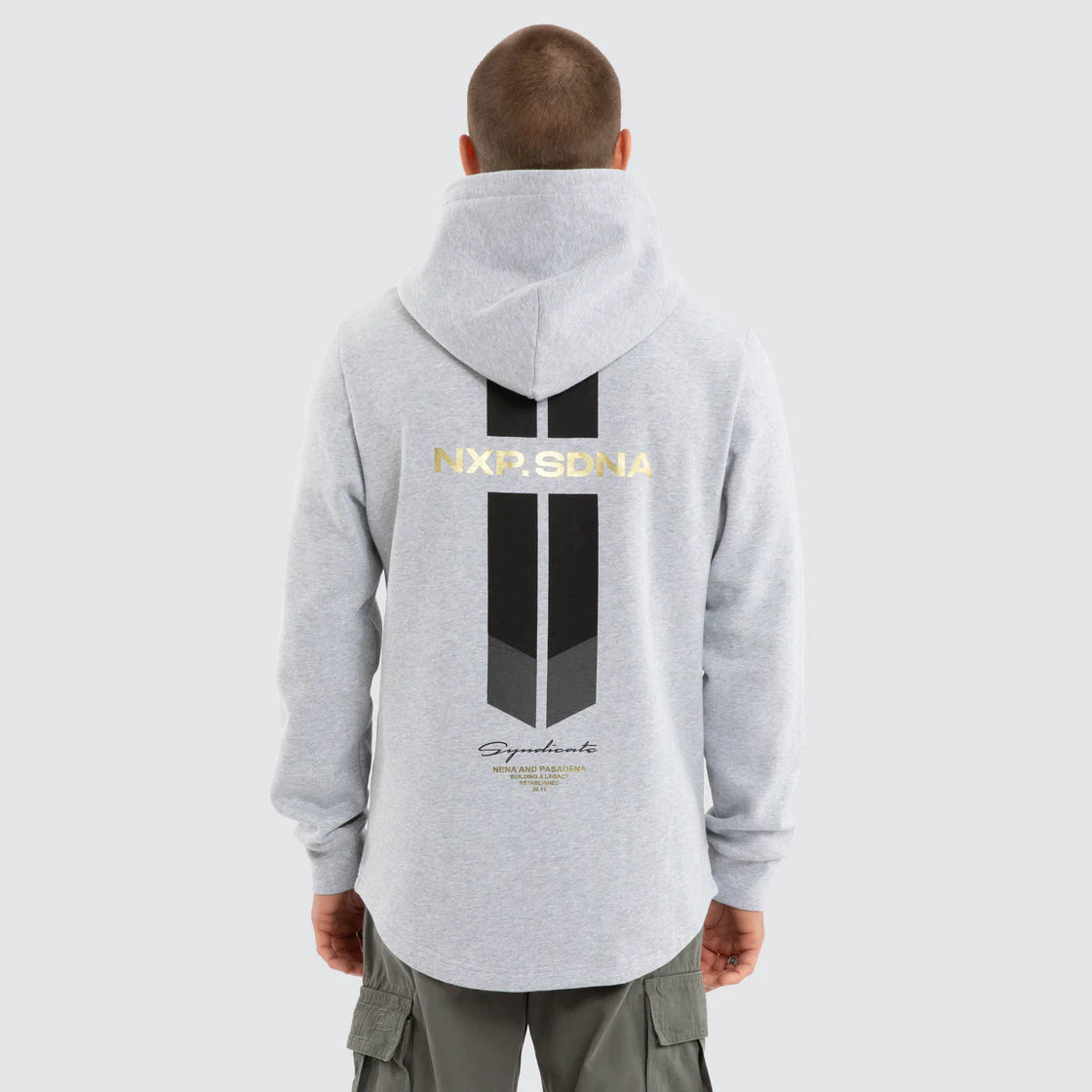 NENA AND PASADENA- Gold Line Dual Curved Hoodie. Grey Marle