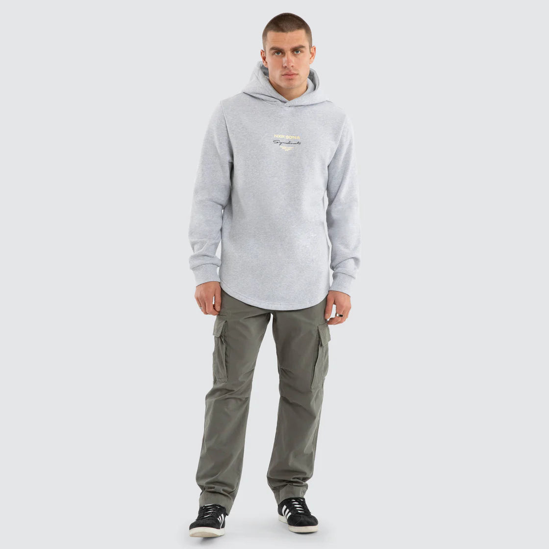 NENA AND PASADENA- Gold Line Dual Curved Hoodie. Grey Marle