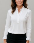 EQUINOX - Ruffle Collar Jersey Knit Top - White