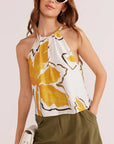 MINK PINK-  Zuri Halter Neck Cami White Palm Print