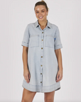 ONE TEN WILLOW - Stitch Detail Button Through Dress Light Blue