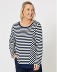 CLARITY BY THREADZ-  Sarah Stripe Print Long Sleeve Top - Navy