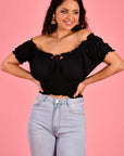GO GIRL-  Peasant Top with Rouched Hem.  Black