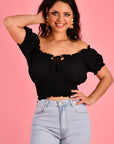 GO GIRL-  Peasant Top with Rouched Hem.  Black