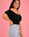 GO GIRL-  Peasant Top with Rouched Hem.  Black