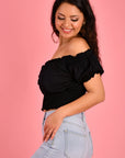 GO GIRL-  Peasant Top with Rouched Hem.  Black