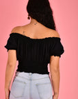 GO GIRL-  Peasant Top with Rouched Hem.  Black