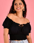 GO GIRL-  Peasant Top with Rouched Hem.  Black