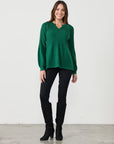 CAJU- Half Rib Knit and Puff Sleeve Top in Forest
