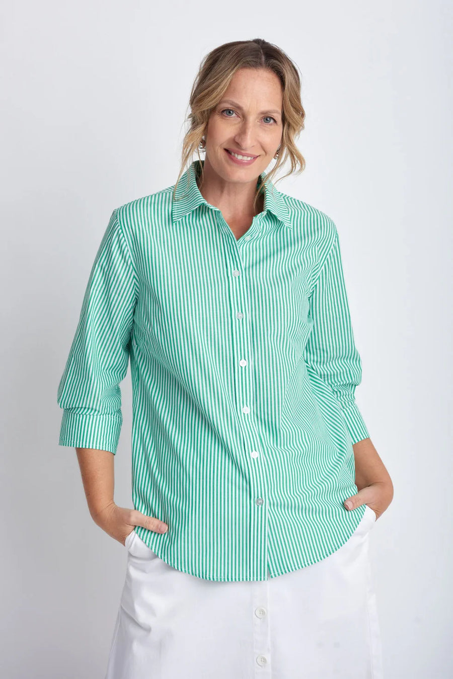 GOONDIWINDI COTTON- Green/White Fine Striped Shirt
