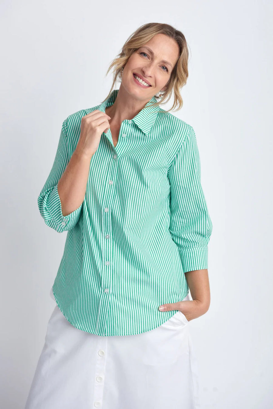 GOONDIWINDI COTTON- Green/White Fine Striped Shirt
