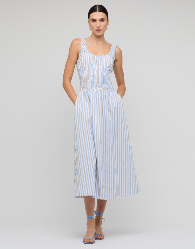 STAPLE THE LABEL - Blue Stripe Cotton Shirred Midi Dress