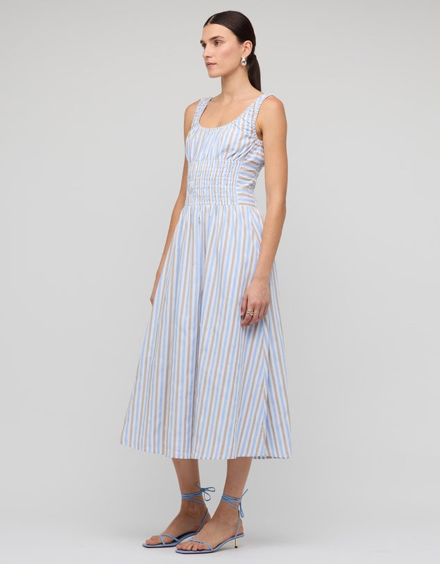 STAPLE THE LABEL - Blue Stripe Cotton Shirred Midi Dress