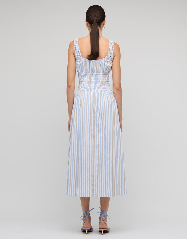 STAPLE THE LABEL - Blue Stripe Cotton Shirred Midi Dress
