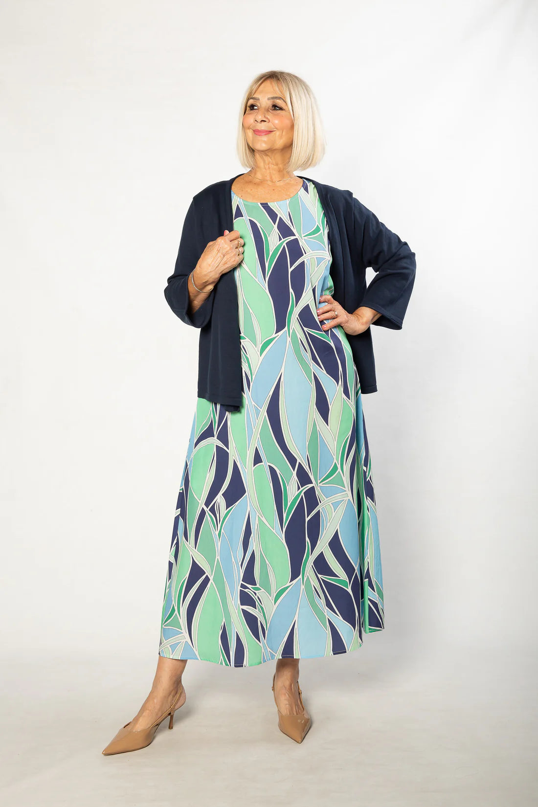 EQUINOX - Gaudi Ocean Blues print Sleeveless Shift Dress 7811 - Green/Blue