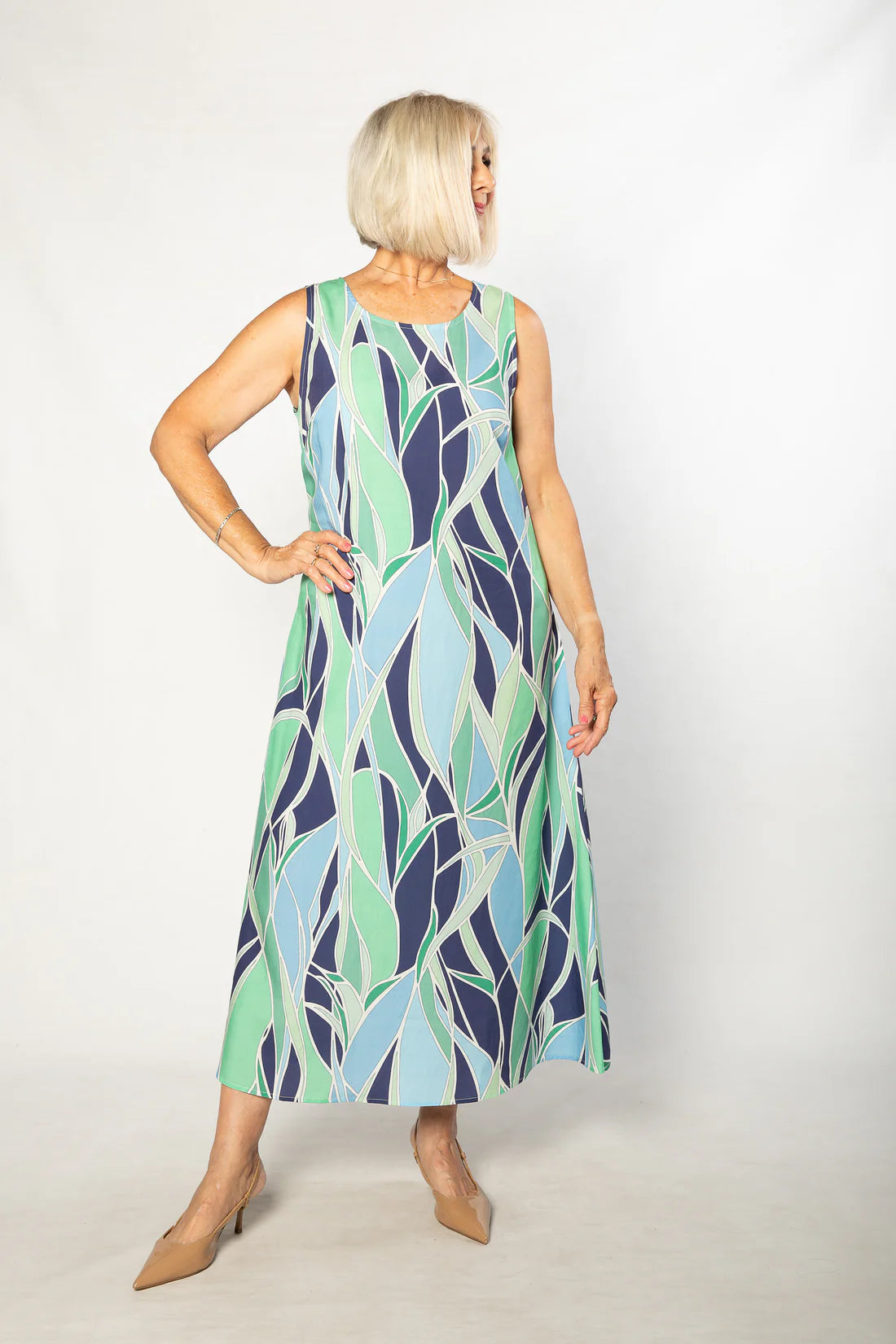 EQUINOX - Gaudi Ocean Blues print Sleeveless Shift Dress 7811 - Green/Blue